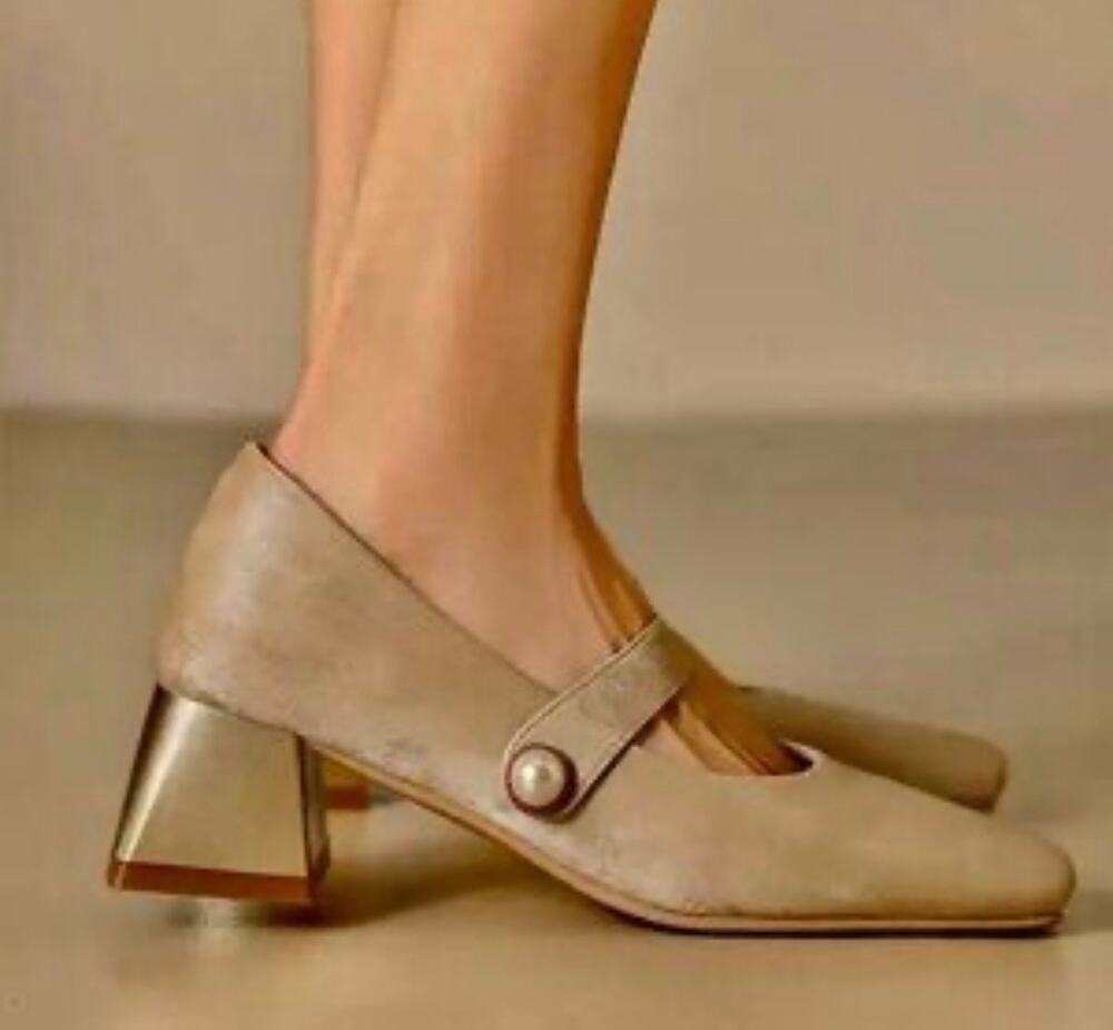 Tory Burch Marisa 40mm Mary Jane Pump Gold Heel Taupe Sz 7